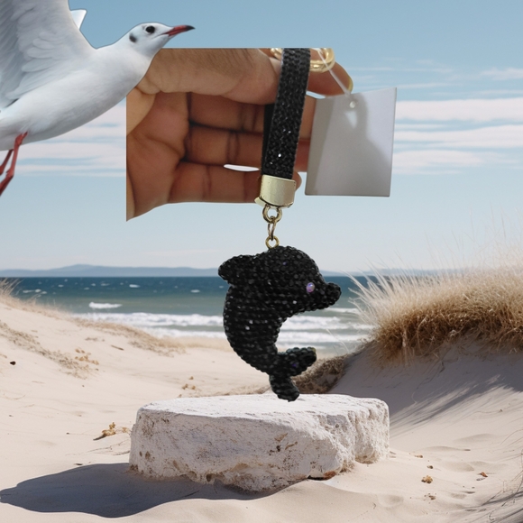 None Other - Black Dolphin Crystal Keychain Wristlet - Fashion Accessory